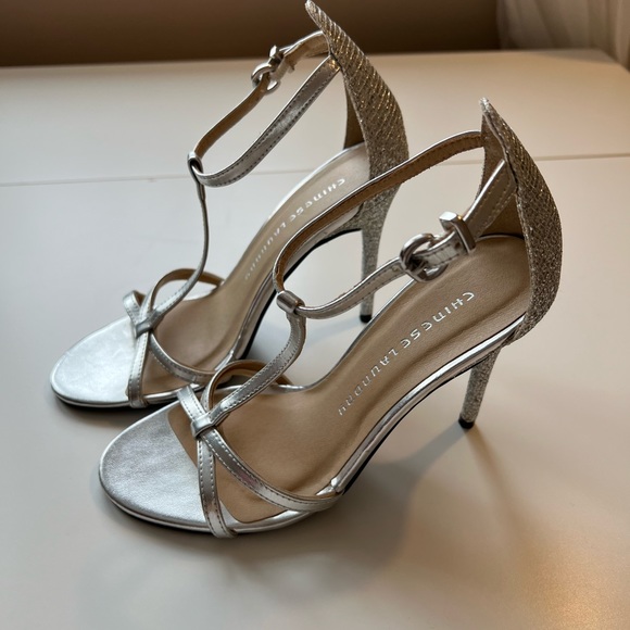 Sparkly Strappy Silver Metallic Heels - Picture 1 of 4